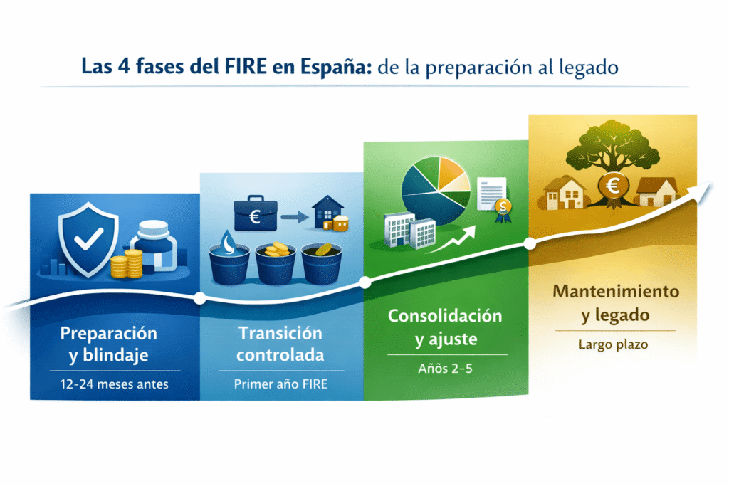 Las 4 fases del FIRE en España: preparación, transición, consolidación y mantenimiento del patrimonio a largo plazo.